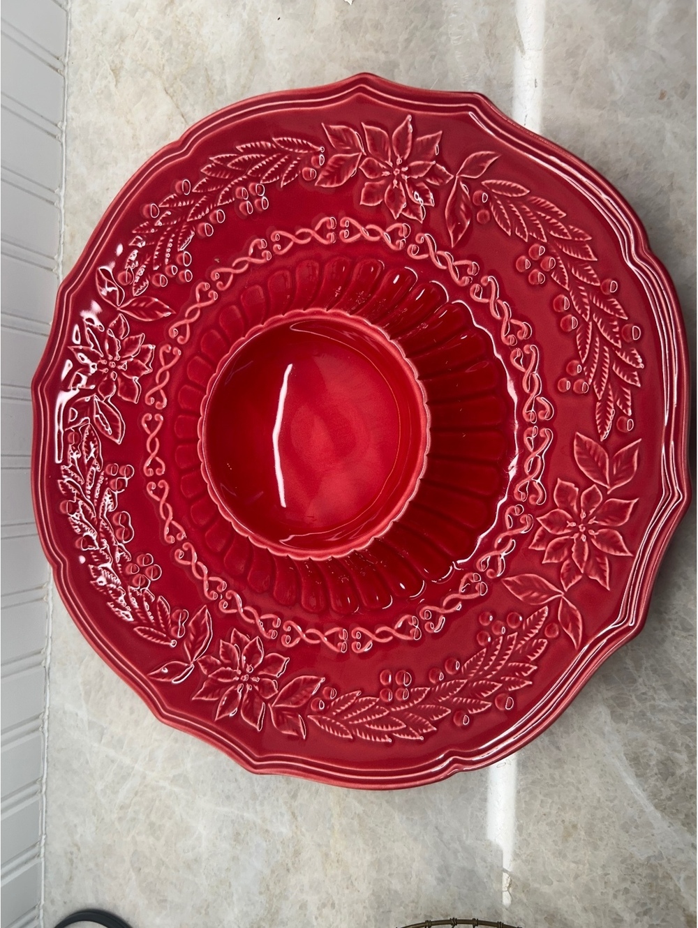 🎄 Vintage Bordallo Pinheiro Red Poinsettia Chip & Dip Platter 🎄 [COPY] [COPY]